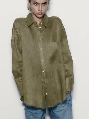 Zara Olive Green Button-Down Linen Shirt Medium NWT